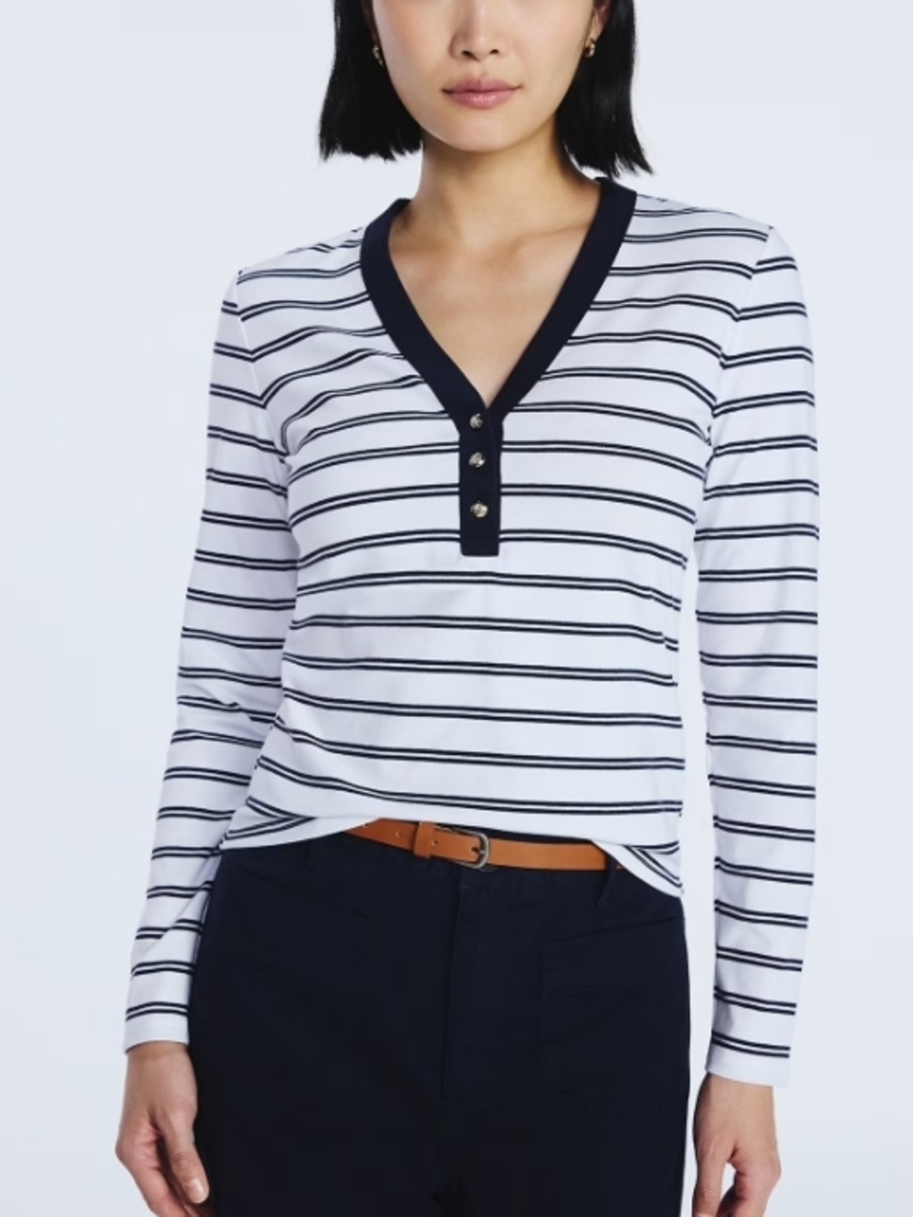 Striped V-Neck Henley Long-Sleeve Top in White and Blue NWT Misses XS